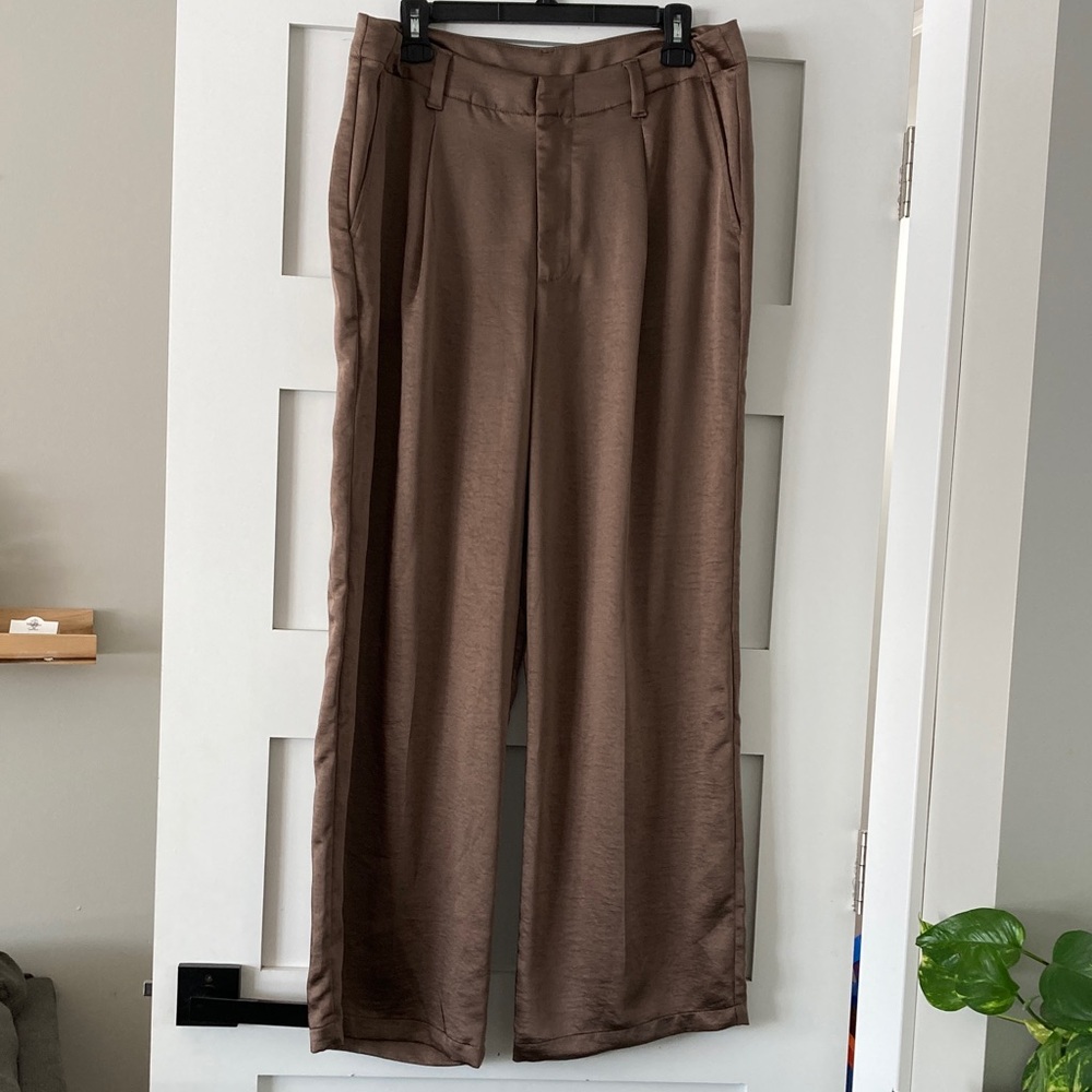 Gap Satin Silk Pleated Trousers Wide Leg Brown Dressy Trouser New Cash Womens 12